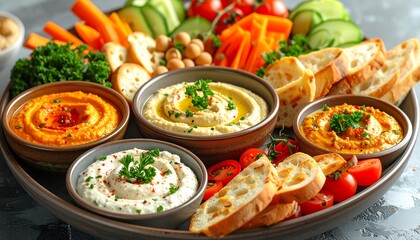 Colorful platter of hummus and vegetables