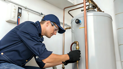 Plumber wearing gloves for installing new water heater and connecting copper pipes, in utility room - professional plumbing work, home improvement and repair services concept