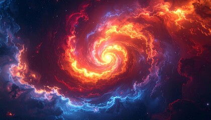 A vibrant, swirling nebula of cosmic dust and gas, illuminated by intense fiery oranges and electric blues, creating a mesmerizing spiral galaxy formation in deep space.