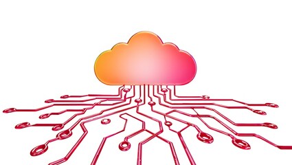 3D glass style purple blue cloud icon with circuit lines, representing cloud computing, storage, and networking