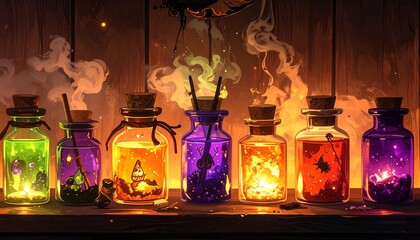 Colorful potion bottles on a wooden shelf, lit by fire, with smoke rising