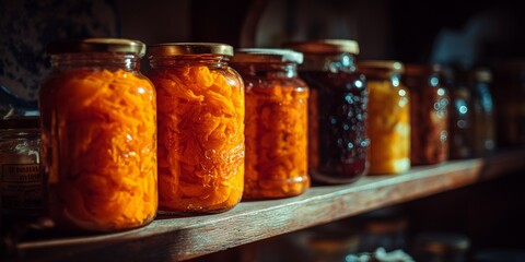 Minimalist kitchen shelf display of assorted preserved fruits and vegetables in glass jars, evoking home organization and healthy food storage