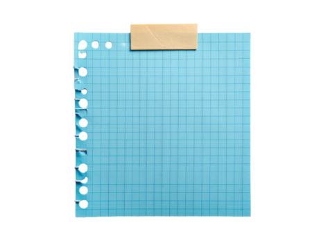 A squared notebook sheet in pastel blue color with clear grid lines and a torn left edge