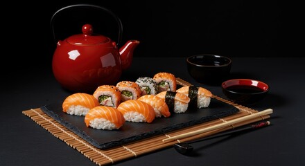 A selection of assorted sushi rolls and nigiri, presented on a dark stone plate, with a red teapot and condiments, creating a sophisticated and appetizing food arrangement.