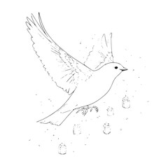 A bird in flight carrying small objects in a black and white line drawing style illustration art piece
