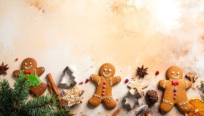 Festive gingerbread cookies on a light beige surface