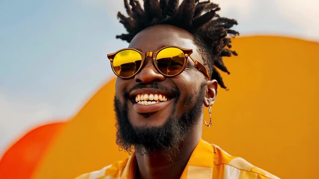 Radiant Confidence: A striking portrait of a man showcasing a radiant smile, complemented by stylish sunglasses. Reflecting pure confidence and genuine joy.
