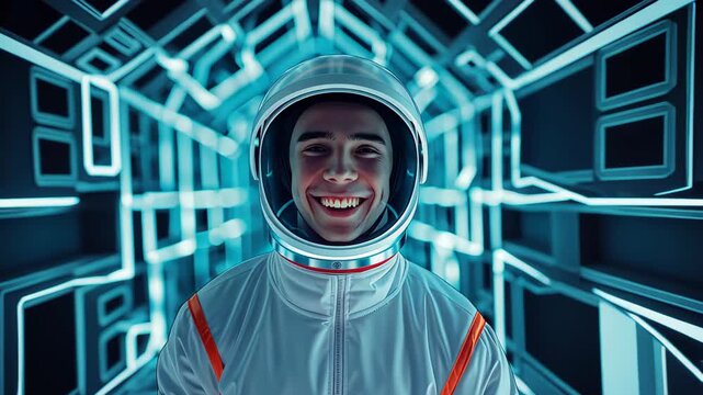 Astronaut's Cosmic Gaze: A radiant astronaut, encased in a pristine spacesuit and helmet, stands before a futuristic neon-lit tunnel.