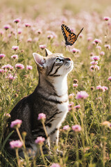 Playful Cat and Butterflies Silhouette