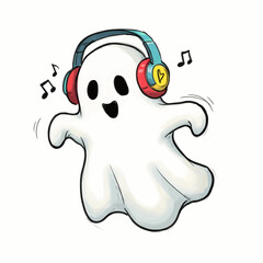 Obraz premium Cute animated ghost wearing headphones and listening to music, happily dancing with musical notes around it, perfect for Halloween and fun illustrations