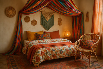 A cozy, bohemian-style bedroom featuring colorful drapes, floral bedding, and woven decor, creating a warm and inviting atmosphere.