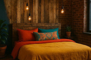 A cozy bedroom with a wooden headboard, colorful bedding, and vintage-style light fixtures, featuring a plant by the window, exuding warmth and comfort.