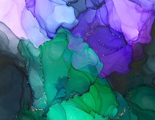 Abstract ink painting with flowing colors and gold flecks