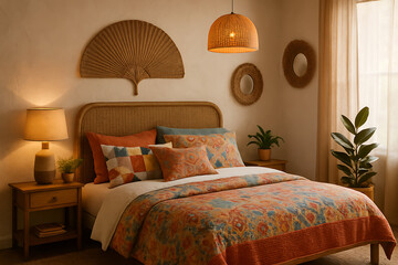 A cozy bedroom featuring a woven headboard, colorful bedding, decorative accents, and natural lighting, creating a warm and inviting atmosphere.