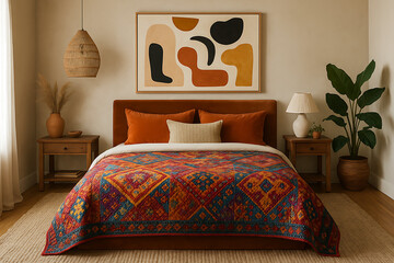 A cozy bedroom featuring a colorful quilt, warm tones, abstract art, and natural accents, creating a stylish and inviting atmosphere.
