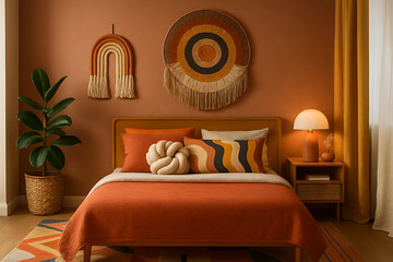 A cozy bedroom featuring warm earth tones, stylish decor, and a mix of textures, creating a welcoming and modern atmosphere.