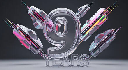 Clear nine years text with futuristic elements floating on a gray gradient background