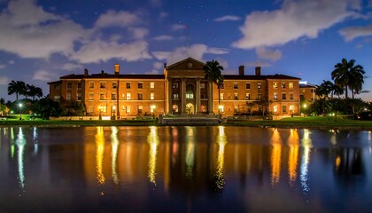 Fototapeta premium Nighttime view of a historic building reflected in a tranquil pond