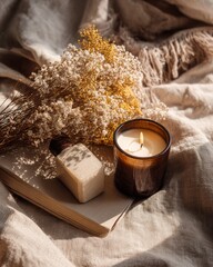 Editorial cozy seasonal still life glass candle holder casting soft bokeh over cozy textiles creating an inviting mood that conveys holiday wellness, lifestyle comfort, interi