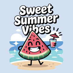 Cartoon watermelon slice character enjoying a drink on a beach with sweet summer vibes text above