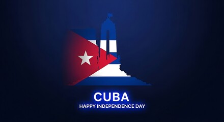 Cuba Independence Day Celebration: Flag and Monument Silhouette on Dark Blue Background.
