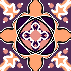 Geometric Floral Tile with Ornate Symmetry in Purple, Peach and White