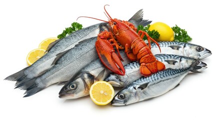 Fresh seafood assortment featuring sea bass, lobster, and mackerel, garnished with lemon slices and parsley, arranged against a pristine white background.
