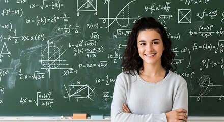 Smiling woman in front of a chalkboard covered in mathematical equations and diagrams.