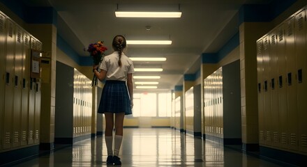 A teenage girl carrying a bouquet of flowers walks down a school hallway.