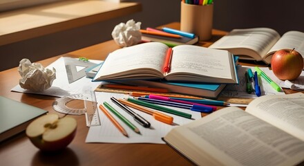 A cluttered desk filled with books, notebooks, pens, pencils, and other stationery items, along with an apple.