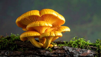 Cluster of vibrant yellow mushrooms on a log