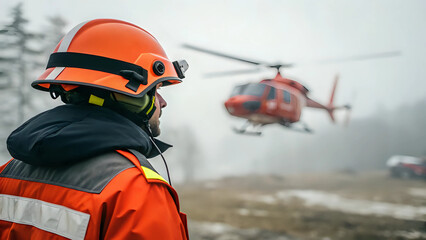 Back view of emergency responder in safety gear, rescue worker observing helicopter - disaster response operation, preparedness for rescue mission, emergency services, first responders concep