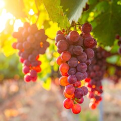 Clusters of red grapes on vines