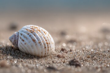 Close-up seashell on sandy beach