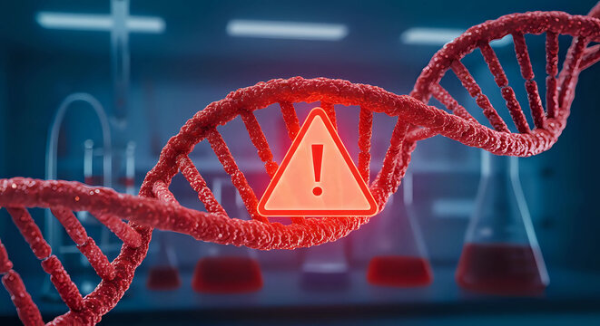 Closeup of red dna double helix with warning sign, genetic research in medical lab setting with test tubes - genetic defects, health awareness, biotechnology risk, disease prevention, mutation concept
