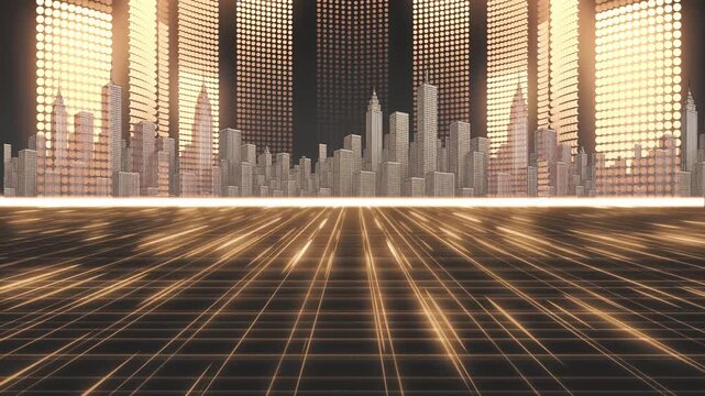 Seamless 4K animation of a high-tech city skyline overlaid with glowing data streams and code, perfect for tech, AI, or cyber themes.
