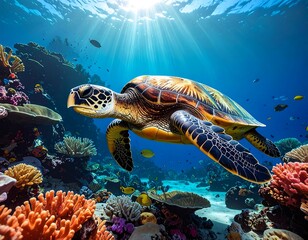 Fototapeta premium Colorful sea turtle in a vibrant coral reef