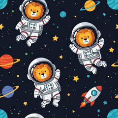 Playful cartoon astronaut lions in space with colorful planets stars and a rocket Kids design