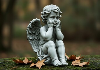 Fototapeta premium Sad cherub statue weeping at a cemetery. Generative Ai