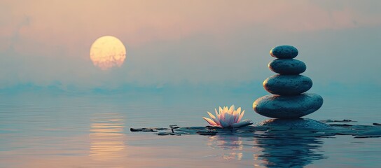 Serene sunrise over calm water, zen stones and lotus flower