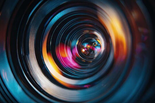 Close-up view of a camera lens. Vibrant colors radiate from the center - Powered by Adobe