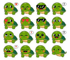 Obraz premium A collection of sixteen cute cartoon turtle emojis showing various emotions and expressions like love, happiness, and coolness.