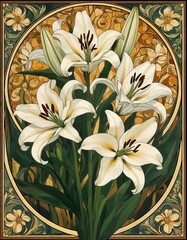 Decorative art nouveau illustration of while lilies in an ornate decorative golden floral background