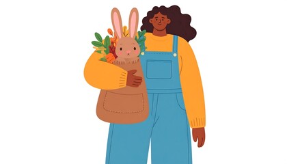 A woman holding a rabbit with autumnal flowers