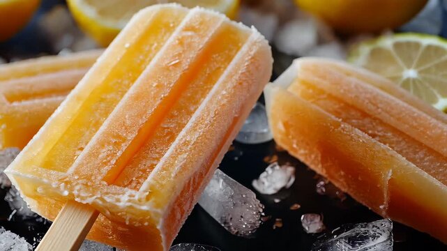 Zesty Citrus Popsicle Delight: A close-up captures the refreshing allure of zesty citrus popsicles.  It's a burst of summer sweetness, enhanced by glistening ice cubes and sun-kissed lemon.