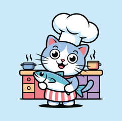 Cartoon cat chef holding a fish in a kitchen with pots and pans on the counter top illustration