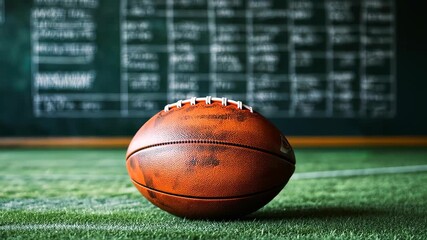 American Football on the Field: An American football rests gracefully on the lush green field, with a chalkboard in the background, setting the stage for strategic planning. - Powered by Adobe