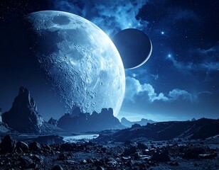 Alien landscape under a cosmic night sky
