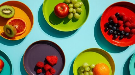Top-down view of solid-colored plates in bright hues, each with a few fruits, arranged on a dining table, vivid and vibrant colors