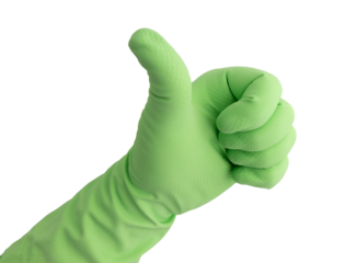 hand in green rubber glove showing thumbs up gesture isolated on white background with clipping path, sign all good